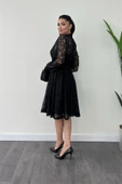 Dantel Kumaş Düğme Detaylı Mini Elbise - SİYAH thumbnail 5