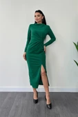 Krep Simli Kumaş Burgu Detaylı Kalem Elbise - ZÜMRÜT YEŞİL thumbnail 2