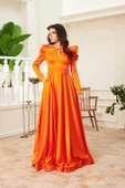 Orange Saten Sırtı Açık Uzun Nişanlık Elbise - 1