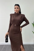 Krep Kumaş Degaje Yaka Kalem Elbise - KAHVERENGİ - 3