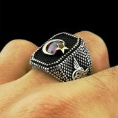 Özel Ay Yıldız Tasarımlı Tuğra İşlemeli 925 Ayar Gümüş Yüzük thumbnail 2