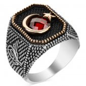 Özel Ay Yıldız Tasarımlı Tuğra İşlemeli 925 Ayar Gümüş Yüzük thumbnail 3