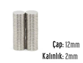 Neodyum Mıknatıs Silindir Çap 12mm , Kalınlık 2mm   ( 10 Adet) - 1