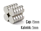 Neodyum Mıknatıs Silindir Çap 15mm , Kalınlık 5mm   ( 5 Adet) - 1