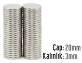 Neodyum Mıknatıs Silindir Çap 20mm , Kalınlık 3mm   ( 3 Adet) - 1