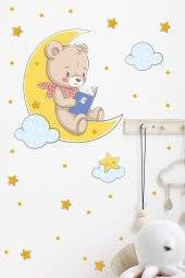 Ayda Kitap Okuyan Ayıcık Bulut ve Yıldızlar Çocuk Bebek Odası Sticker Seti - 1