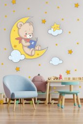 Ayda Kitap Okuyan Ayıcık Bulut ve Yıldızlar Çocuk Bebek Odası Sticker Seti - 2