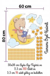 Ayda Kitap Okuyan Ayıcık Bulut ve Yıldızlar Çocuk Bebek Odası Sticker Seti - 3