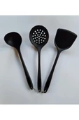 Yanmaz Yapışmaz Silikon Kaplama 3 lü Mutfak Yemek Hazırlık Seti Kepçe Kevgir Spatula - 2