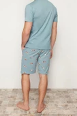 Erkek %100 Pamuk Bisiklet Yaka Kısa Kol Regular Fit Baskılı Örme Şortlu Yazlık Pijama Takımı - 5