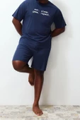 Büyük Beden Erkek Bisiklet Yaka Kısa Kol Regular Fit Rahat Slogan Baskılı Örme Şortlu Pijama Takımı - 2