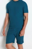 Erkek Pamuklu Bisiklet Yaka Kısa Kol Regular Fit Dokulu Örme Şortlu Pijama Takımı - 1