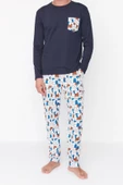 Erkek %100 Pamuk Bisiklet Yaka Uzun Kol Regular Fit Baskılı Pijama Takımı - 1