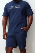 Büyük Beden Erkek Bisiklet Yaka Kısa Kol Regular Fit Rahat Slogan Baskılı Örme Şortlu Pijama Takımı - 1