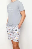 Erkek %100 Pamuk Bisiklet Yaka Kısa Kol Regular Fit Baskılı Örme Şortlu Pijama Takımı - 2