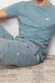 Erkek %100 Pamuk Bisiklet Yaka Kısa Kol Regular Fit Baskılı Örme Şortlu Yazlık Pijama Takımı - 4