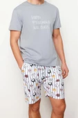 Erkek %100 Pamuk Bisiklet Yaka Kısa Kol Regular Fit Baskılı Örme Şortlu Pijama Takımı - 1