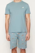 Erkek %100 Pamuk Bisiklet Yaka Kısa Kol Regular Fit Baskılı Örme Şortlu Yazlık Pijama Takımı - 1