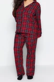 Büyük Beden Kadın Polyester Gömlek Yaka Uzun Kol Ekoseli Gömlek Yaka Yumuşak Tuşe Örme Pijama Takımı - 3