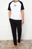 Erkek %100 Pamuk Bisiklet Yaka Kısa Kol Baskılı Reglan Kol Regular Fit Örme Şortlu Pijama Takımı - 1