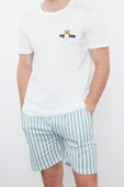 Erkek %100 Pamuk Bisiklet Yaka Kısa Kol Ekru Çizgili Regular Fit Couple Örme Şortlu Pijama Takımı - 2