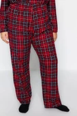 Büyük Beden Kadın Polyester Gömlek Yaka Uzun Kol Ekoseli Gömlek Yaka Yumuşak Tuşe Örme Pijama Takımı - 5