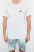 Erkek %100 Pamuk Bisiklet Yaka Kısa Kol Ekru Çizgili Regular Fit Couple Örme Şortlu Pijama Takımı - 1