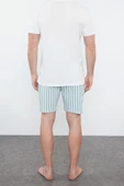 Erkek %100 Pamuk Bisiklet Yaka Kısa Kol Ekru Çizgili Regular Fit Couple Örme Şortlu Pijama Takımı - 3