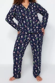 Büyük Beden Kadın Pamuk Polyester Gömlek Yaka Uzun Kol Gömlek Yaka Yılbaşı Temalı Örme Pijama Takımı - 2