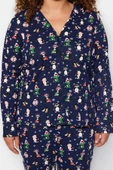 Büyük Beden Kadın Pamuk Polyester Gömlek Yaka Uzun Kol Gömlek Yaka Yılbaşı Temalı Örme Pijama Takımı - 1