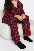 Büyük Beden Kadın Polyester Gömlek Yaka Uzun Kol Ekoseli Gömlek Yaka Yumuşak Tuşe Örme Pijama Takımı - 2