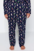Büyük Beden Kadın Pamuk Polyester Gömlek Yaka Uzun Kol Gömlek Yaka Yılbaşı Temalı Örme Pijama Takımı - 5