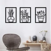 Lowenart Siyah Ahşap 3lü Saksı Çiçekler Duvar Dekoru Salon Mutfak Balkon Bahçe Için 40x80 Cm Tablo Seti - 1