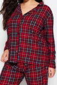 Büyük Beden Kadın Polyester Gömlek Yaka Uzun Kol Ekoseli Gömlek Yaka Yumuşak Tuşe Örme Pijama Takımı - 4