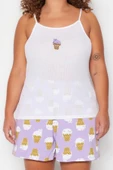 Büyük Beden Kadın Polyester Kare Yaka Askılı Kol Baskılı Askılı Örme Pijama Takımı - 3