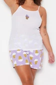 Büyük Beden Kadın Polyester Kare Yaka Askılı Kol Baskılı Askılı Örme Pijama Takımı - 4