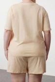 Büyük Beden Kadın Pamuklu Bisiklet Yaka Kısa Kol Ayıcık Baskılı Örme Pijama Takımı - 5