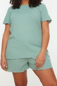 Büyük Beden Kadın Polyester Karışımlı Bisiklet Yaka Kısa Kol Örme Pijama Takımı - 1