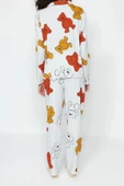 Kadın %100 Pamuk Gömlek Yaka Uzun Kol %100 Pamuk Ayıcık Desenli Gömlek-Pantolon Örme Pijama Takımı - 6