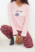 Kadın Pamuklu V Yaka Uzun Kol Pamuklu Nakışlı Örme Pijama Takımı - 2