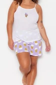 Büyük Beden Kadın Polyester Kare Yaka Askılı Kol Baskılı Askılı Örme Pijama Takımı - 1
