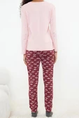 Kadın Pamuklu V Yaka Uzun Kol Pamuklu Nakışlı Örme Pijama Takımı - 5