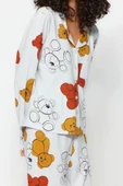 Kadın %100 Pamuk Gömlek Yaka Uzun Kol %100 Pamuk Ayıcık Desenli Gömlek-Pantolon Örme Pijama Takımı - 2