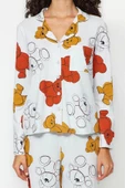 Kadın %100 Pamuk Gömlek Yaka Uzun Kol %100 Pamuk Ayıcık Desenli Gömlek-Pantolon Örme Pijama Takımı - 4