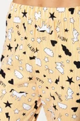Kadın %100 Pamuk Gömlek Yaka Kısa Kol Biyeli Grafik Desenli Gömlek-Pantolon Örme Pijama Takımı - 4