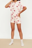 Kadın %100 Pamuk Bisiklet Yaka Kısa Kol %100 Pamuk Dudak Desenli T-shirt-Şort Örme Pijama Takımı - 1