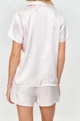 Kadın Polyester Gömlek Yaka Kısa Kol Saten Çizgili Dokuma Pijama Takımı - 3