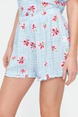 Kadın Viskon Gömlek Yaka Kısa Kol Açık Mavi Çiçek Desenli Viskon Gömlek-Şort Dokuma Pijama Takımı - 6