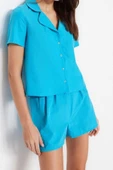 Kadın Polyester Gömlek Yaka Kısa Kol Mavi Terrycotton Gömlek-Şort Dokuma Pijama Takımı - 3