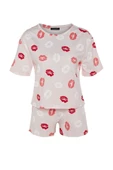 Kadın %100 Pamuk Bisiklet Yaka Kısa Kol %100 Pamuk Dudak Desenli T-shirt-Şort Örme Pijama Takımı - 4